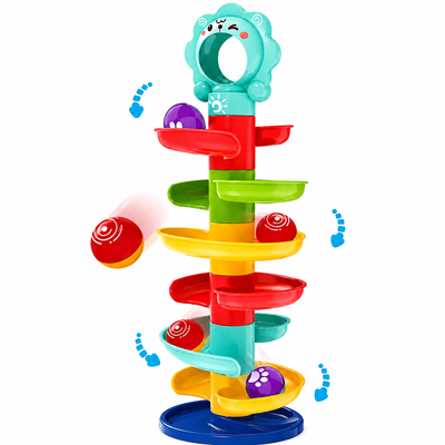 Colorful marble run toy with balls on a white background