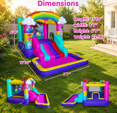 Colorful inflatable bounce house with slide shown on a grassy backyard, with measurement arrows and text listing dimensions: length 11'10", width 6'7", height 6'9", and weight 22 lbs. Two smaller views at the bottom show alternate angles of the same product.