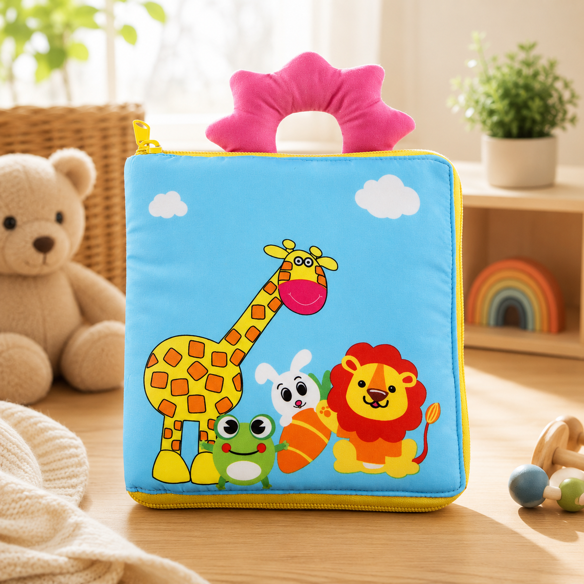 A square baby activity book or zippered pouch with a bright blue cover, featuring cartoon animals including a giraffe, lion, frog, and rabbit, plus a pink flower-shaped handle.