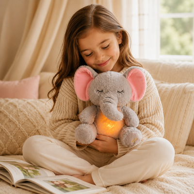 Child holding a glowing elephant plush toy on a cozy couch