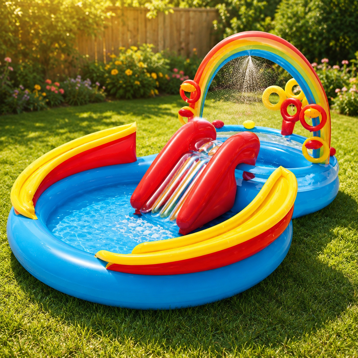A colorful inflatable children's pool with a slide and rainbow arch, set on a green lawn in a backyard.
