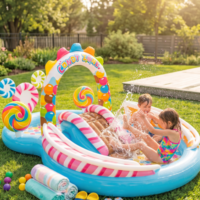 Children playing in a colorful inflatable pool with candy-themed arch and lollipops in a garden.