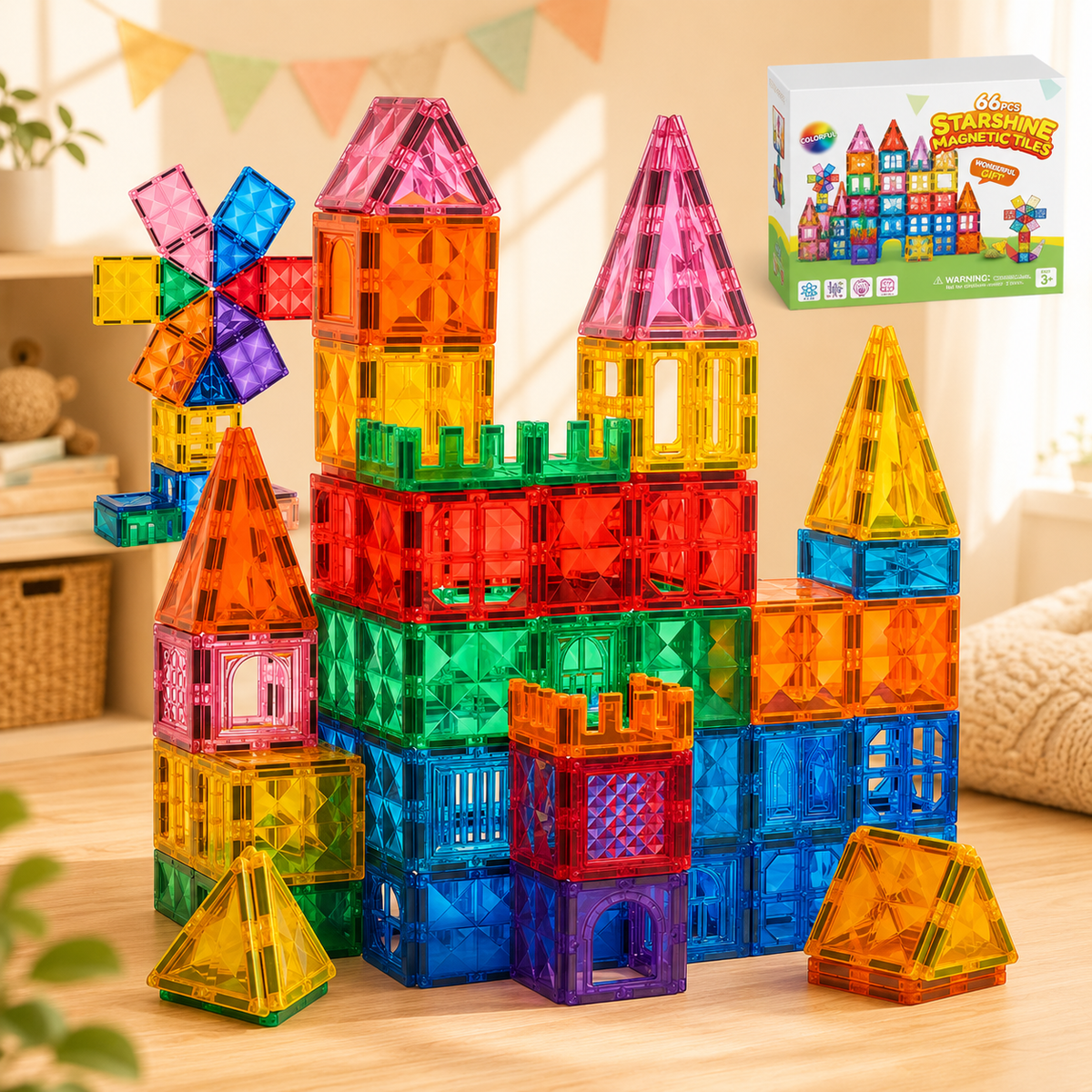 A set of colorful translucent magnetic building blocks arranged in a castle-like structure on a wooden floor, with the product box shown in the upper right corner.