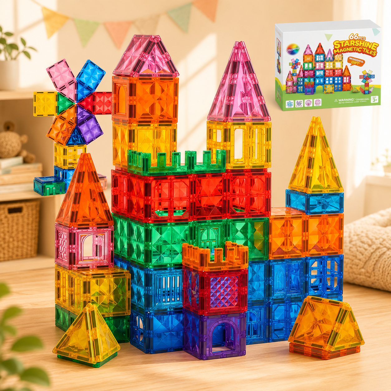 A set of colorful translucent magnetic building blocks arranged in a castle-like structure on a wooden floor, with the product box shown in the upper right corner.