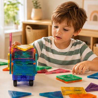 A young boy with brown hair is sitting at a table, playing with colorful transparent magnetic building blocks 