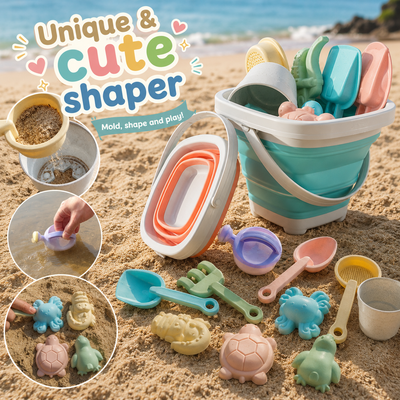 A colorful plastic beach sand toy set arranged on a sandy beach, including a collapsible bucket filled with toys, shovels, molds, a cup, and sea creature molds. The scene includes beach background, ocean, rocks, and inset circles showing hands using the toys to mold sand.