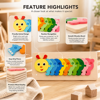 Wooden Animal Number Puzzle Board for Toddlers
