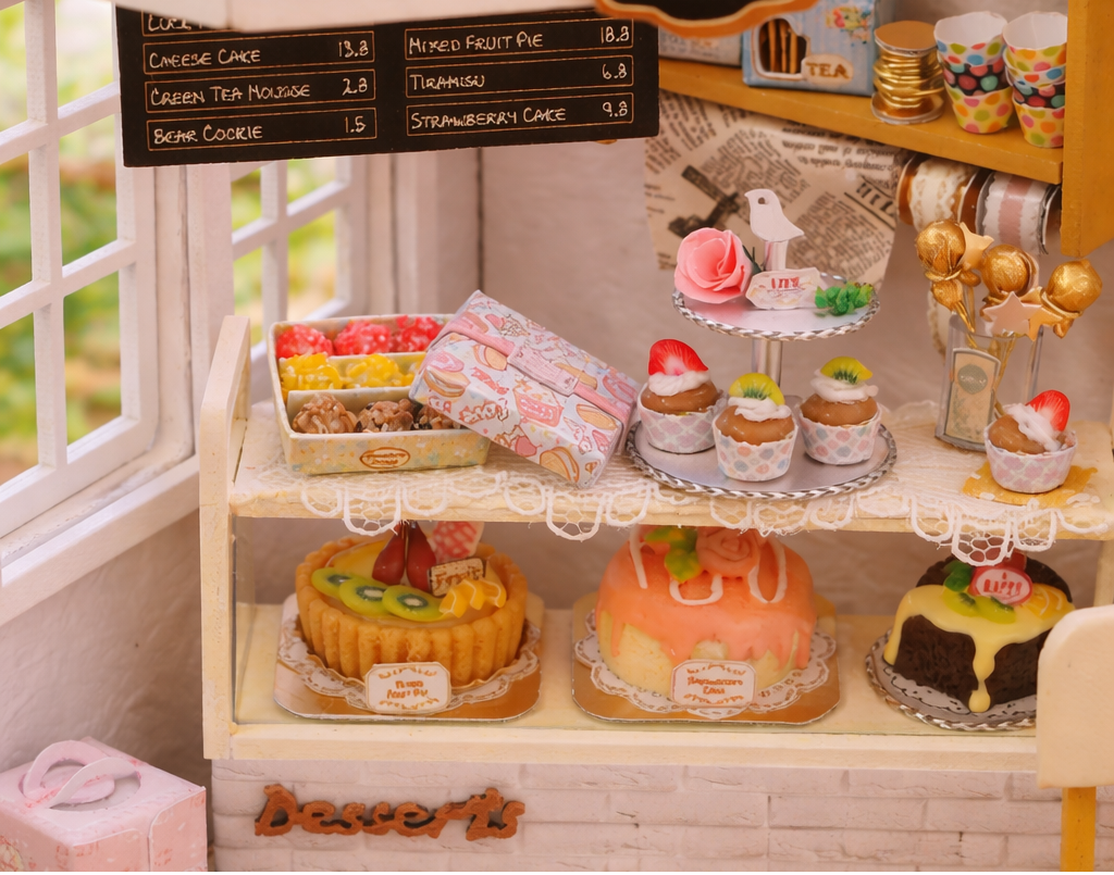 Miniature cake shop display with various cakes and a 'Cake Shop' sign.