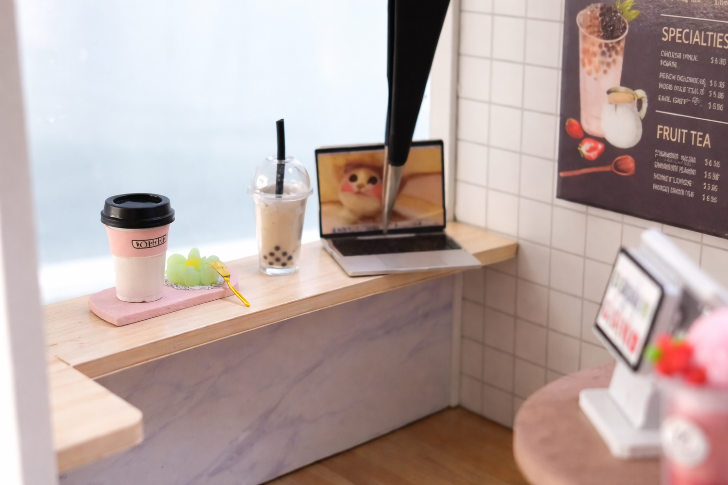 Small cafe interior with a laptop, coffee, and snacks on a wooden counter - crafting gift for teenage girls