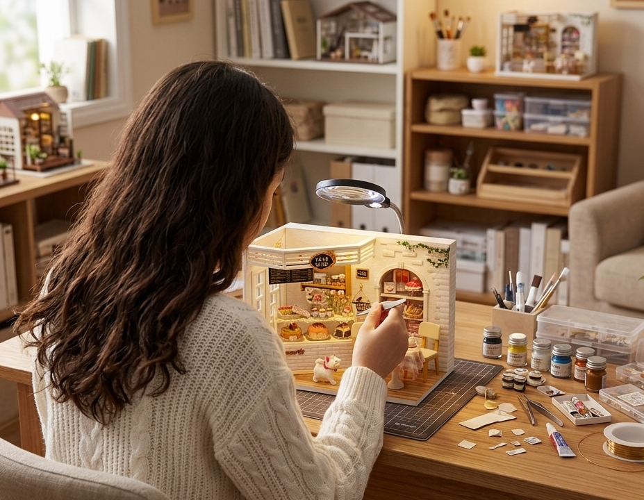 a teenage girl designing a miniature model of a bakery in a cozy room.