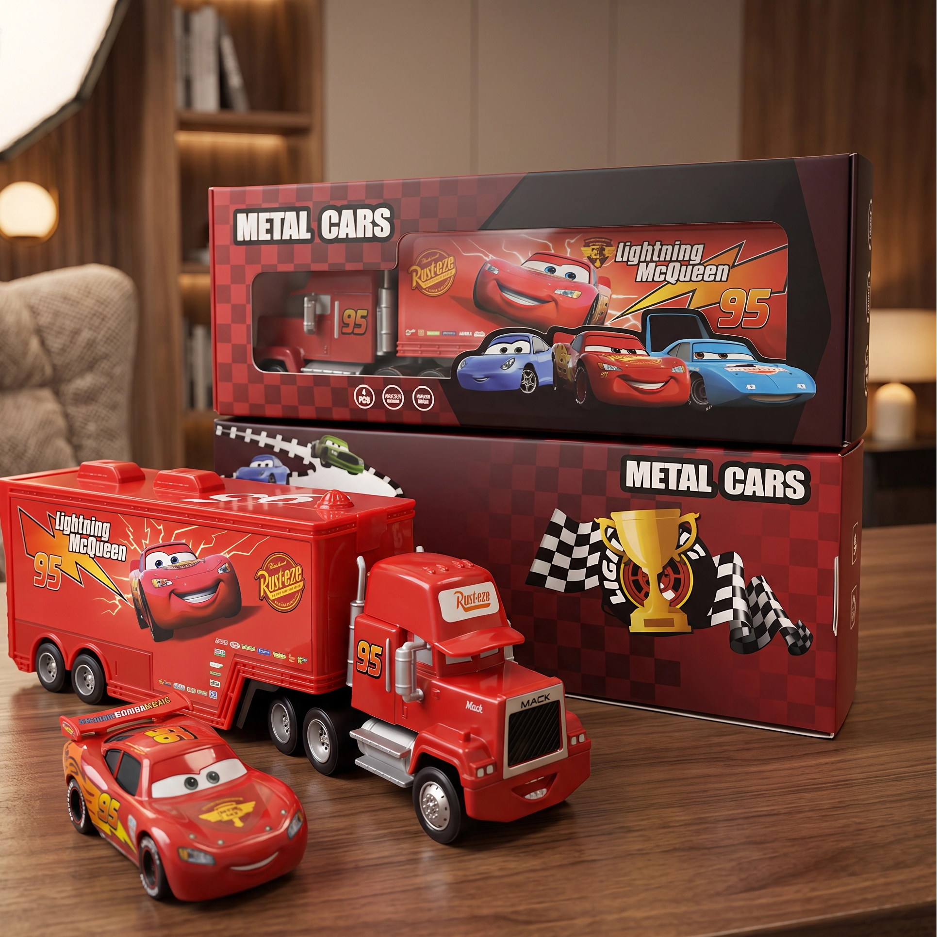 A toy set featuring a red semi-truck trailer and matching Lightning McQueen car