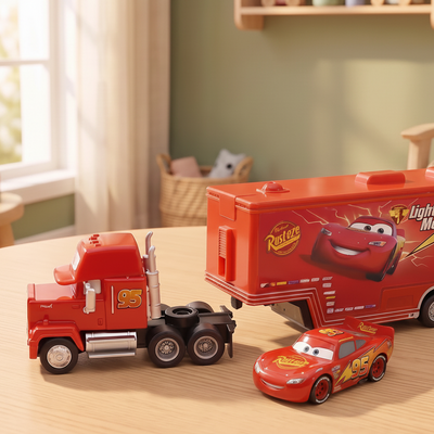A toy red semi-truck with a detachable trailer and a small red race car, 