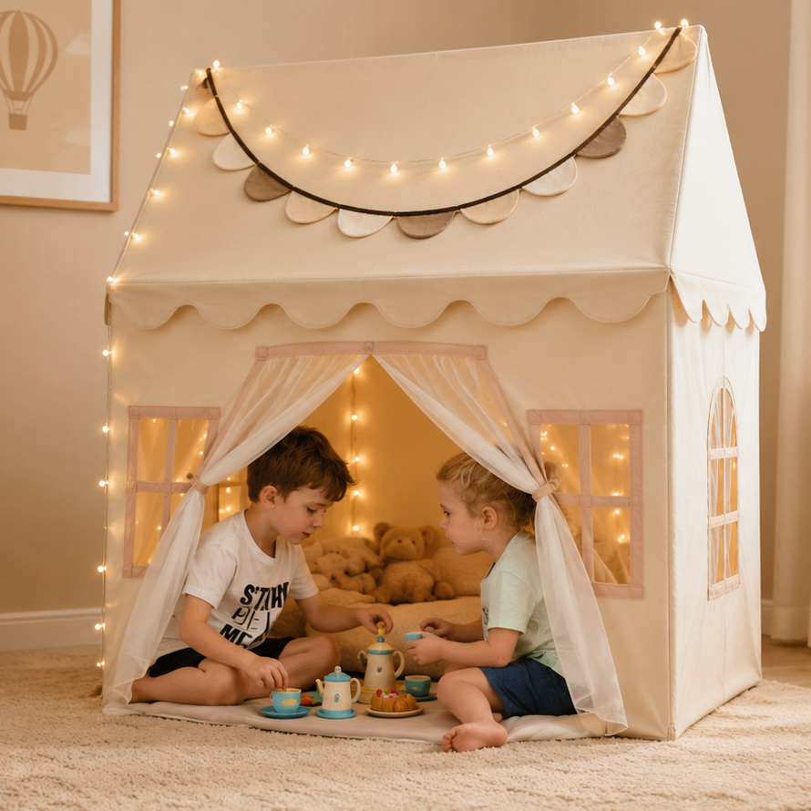 Two children playing inside a white playhouse with string lights in a cozy room.