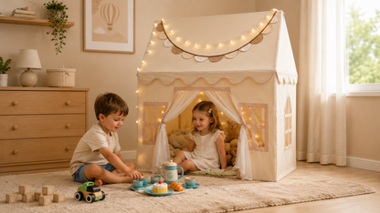 BUBINNA DreamHouse indoor kids play tent house shaped with mesh windows draped curtains cream polyester