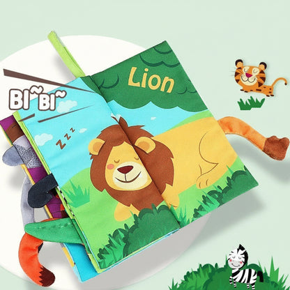 Children's book with a lion illustration and interactive elements on a light green background