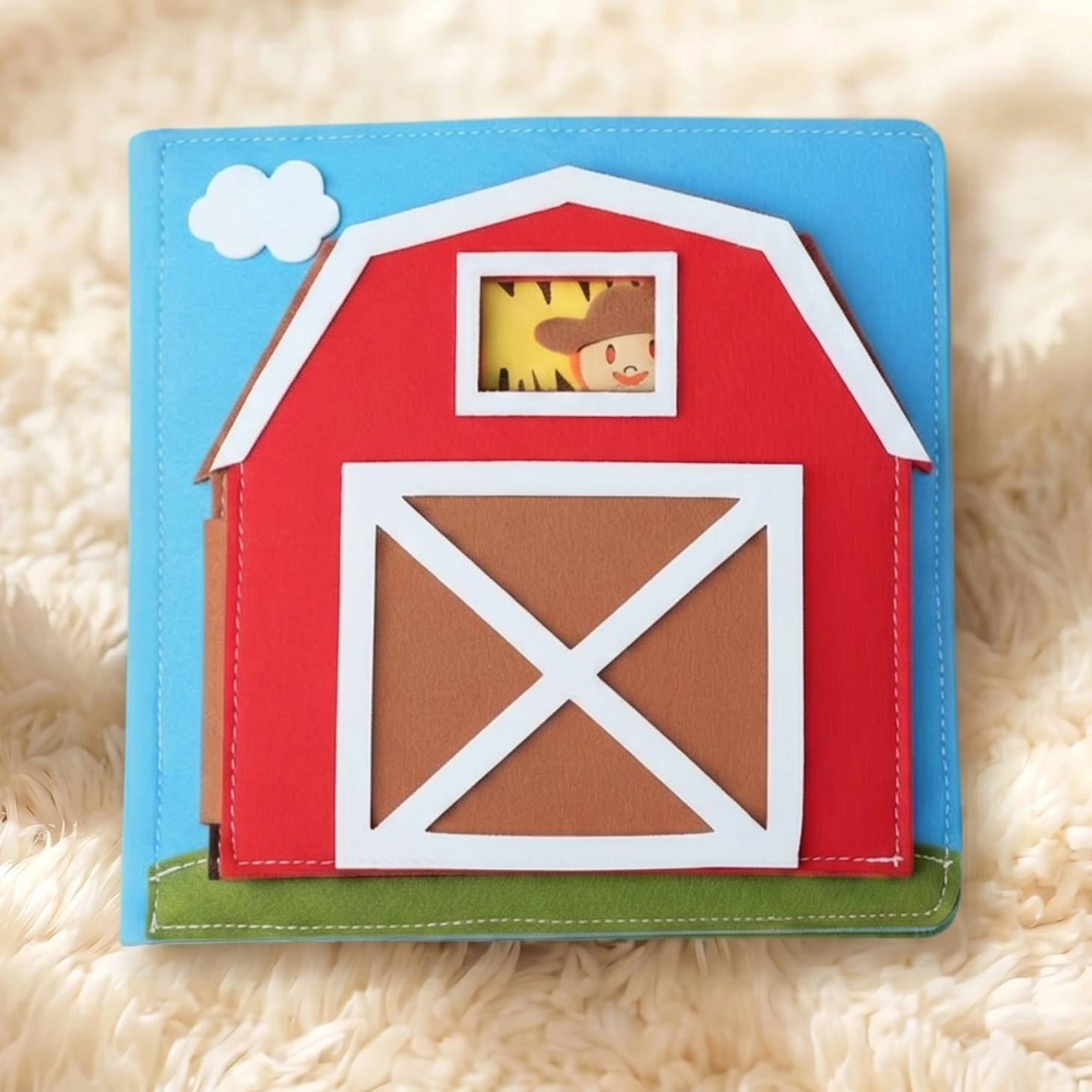 Red barn-shaped early learning soft book for toddlers and babies