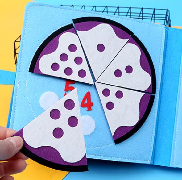 Children's educational puzzle book with pizza slices and numbers on a blue background