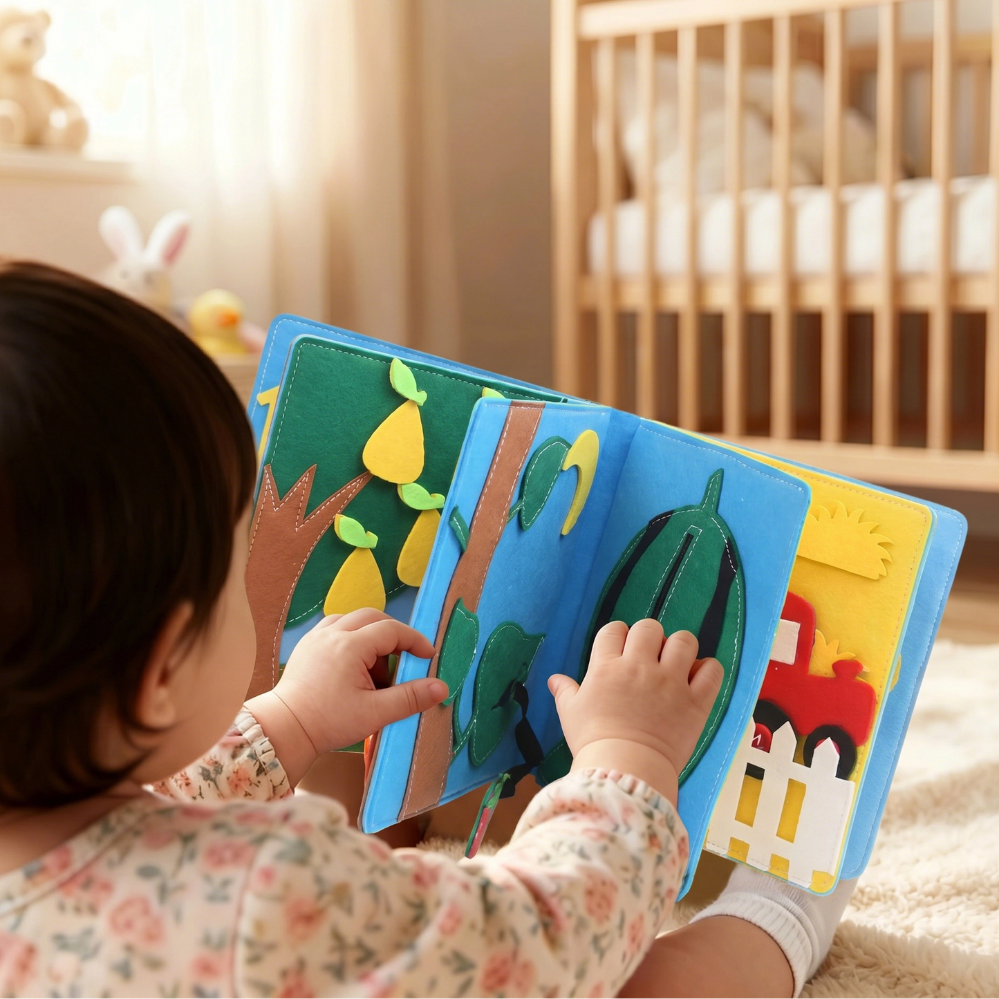 Child playing with a colorful educational felt soft busy book in a nursery