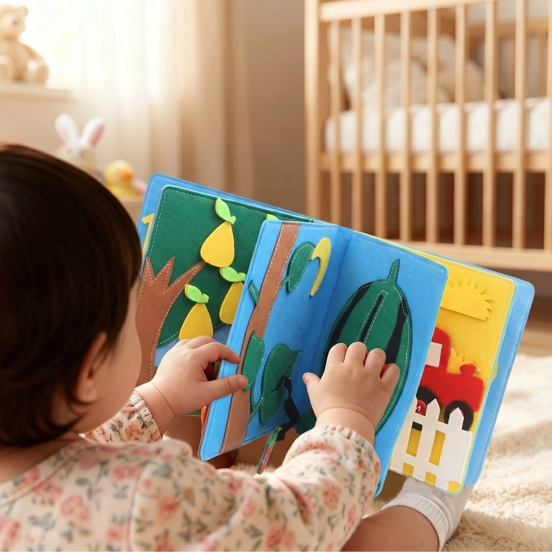 Child playing with a colorful educational felt soft busy book in a nursery