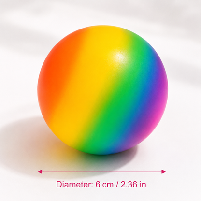 Rainbow-colored squishy ball with measurement text on a white background