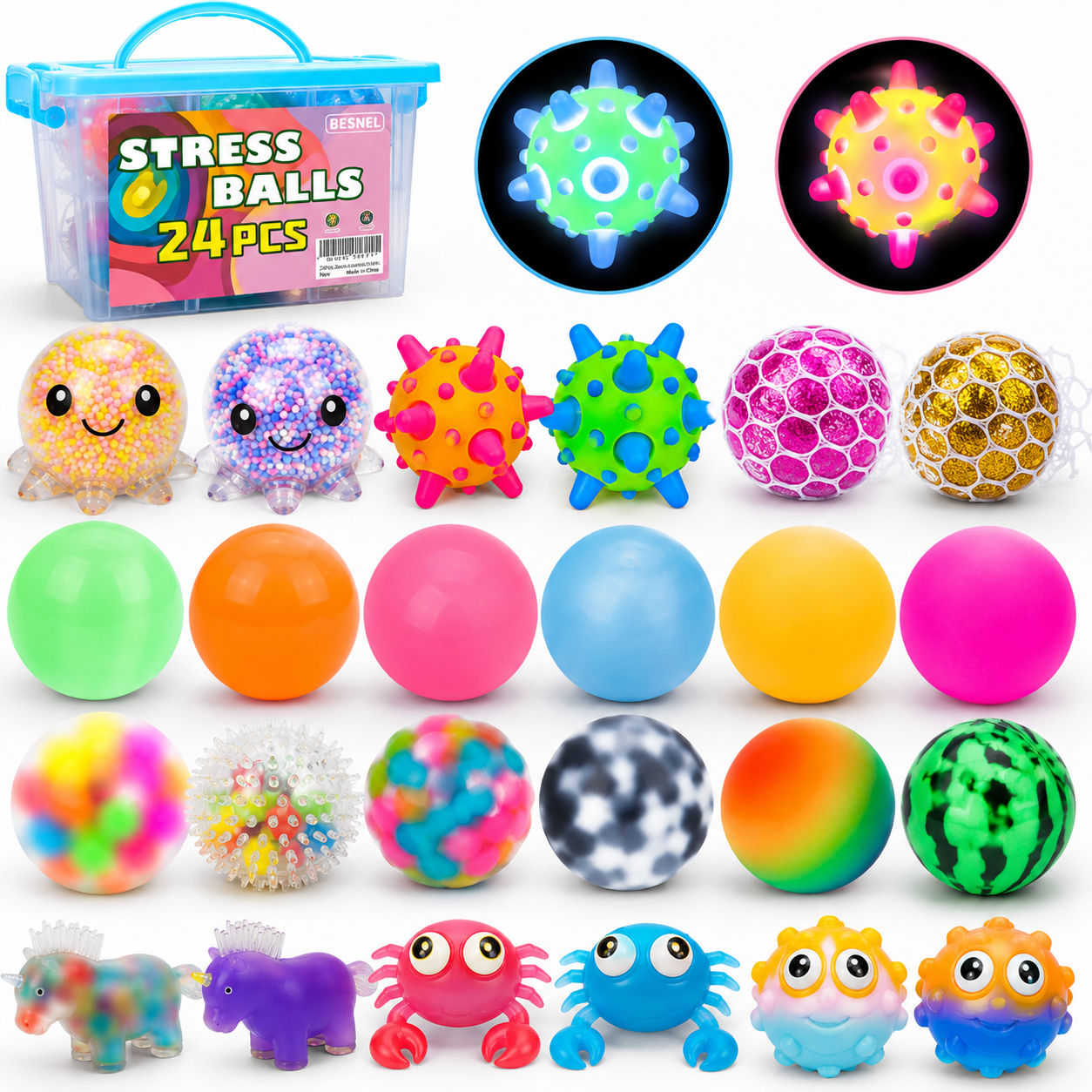 A vibrant collection of 24 distinct sensory stress balls, featuring mesh squishies, solid neon spheres, and cartoon sea-creature shapes.