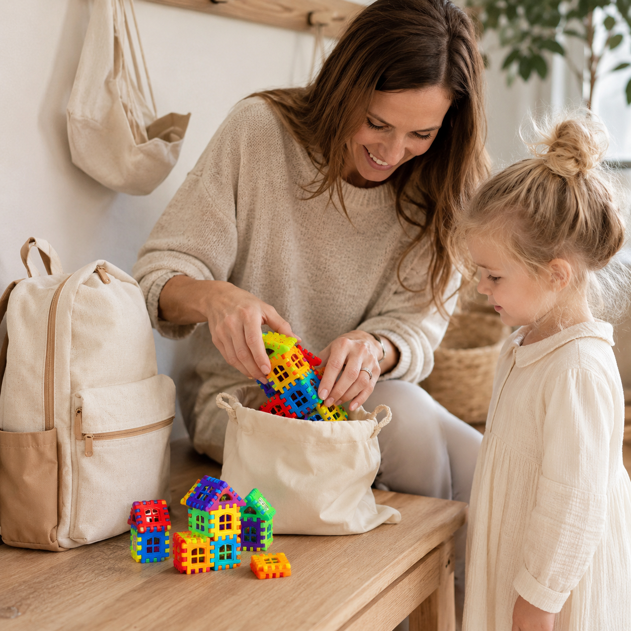 Woman and child playing with colorful building blocks in a home setting