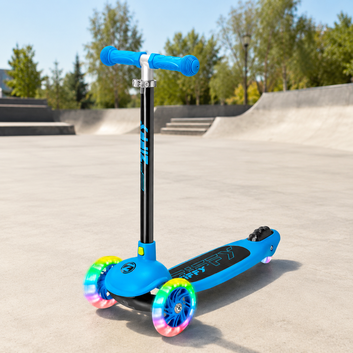 A blue and black three-wheel kick scooter with colorful LED wheels