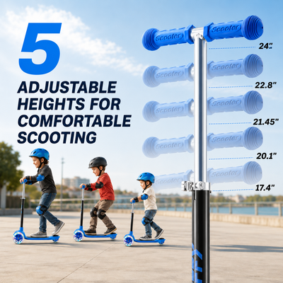 Adjustable kids' scooter handlebar stand with five different handlebar heights 