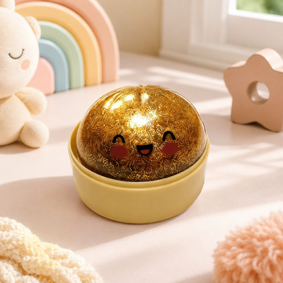 Gold glittery dumpling_squishy with a face in a yellow container on a soft surface