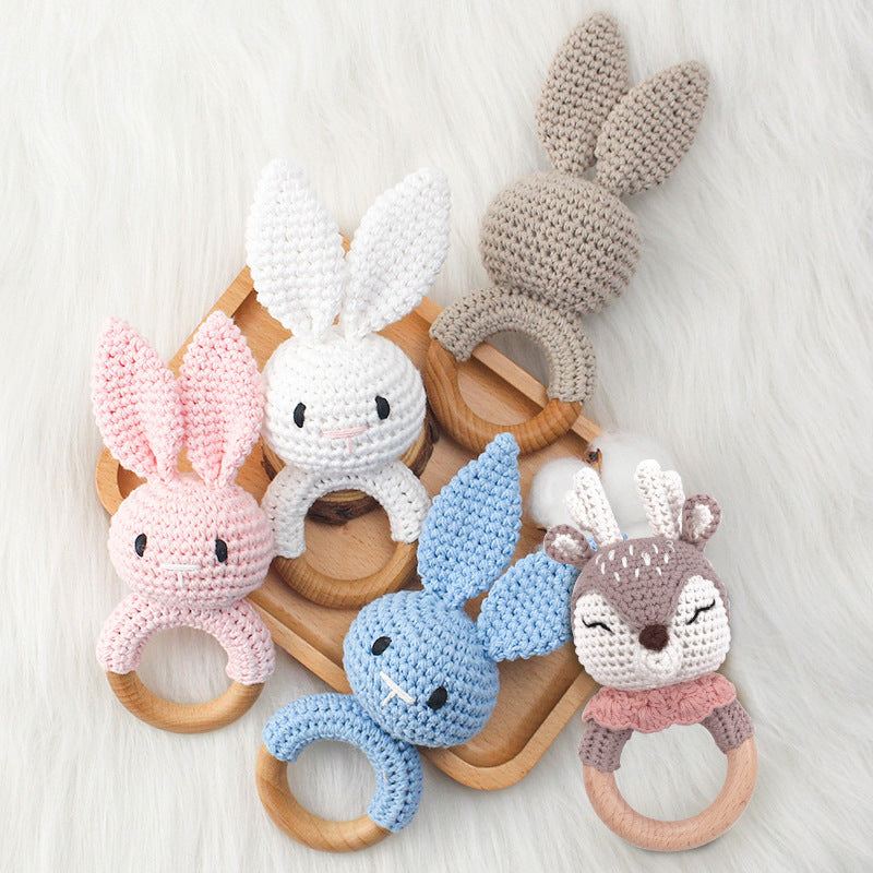 Handmade Crochet Baby Rattle with Wooden Teething Ring | Cotton Rabbit Rattle Newborn Toy | Organic Baby Shower Gift | Inner Bell Sensory Rattle Ages 1M+