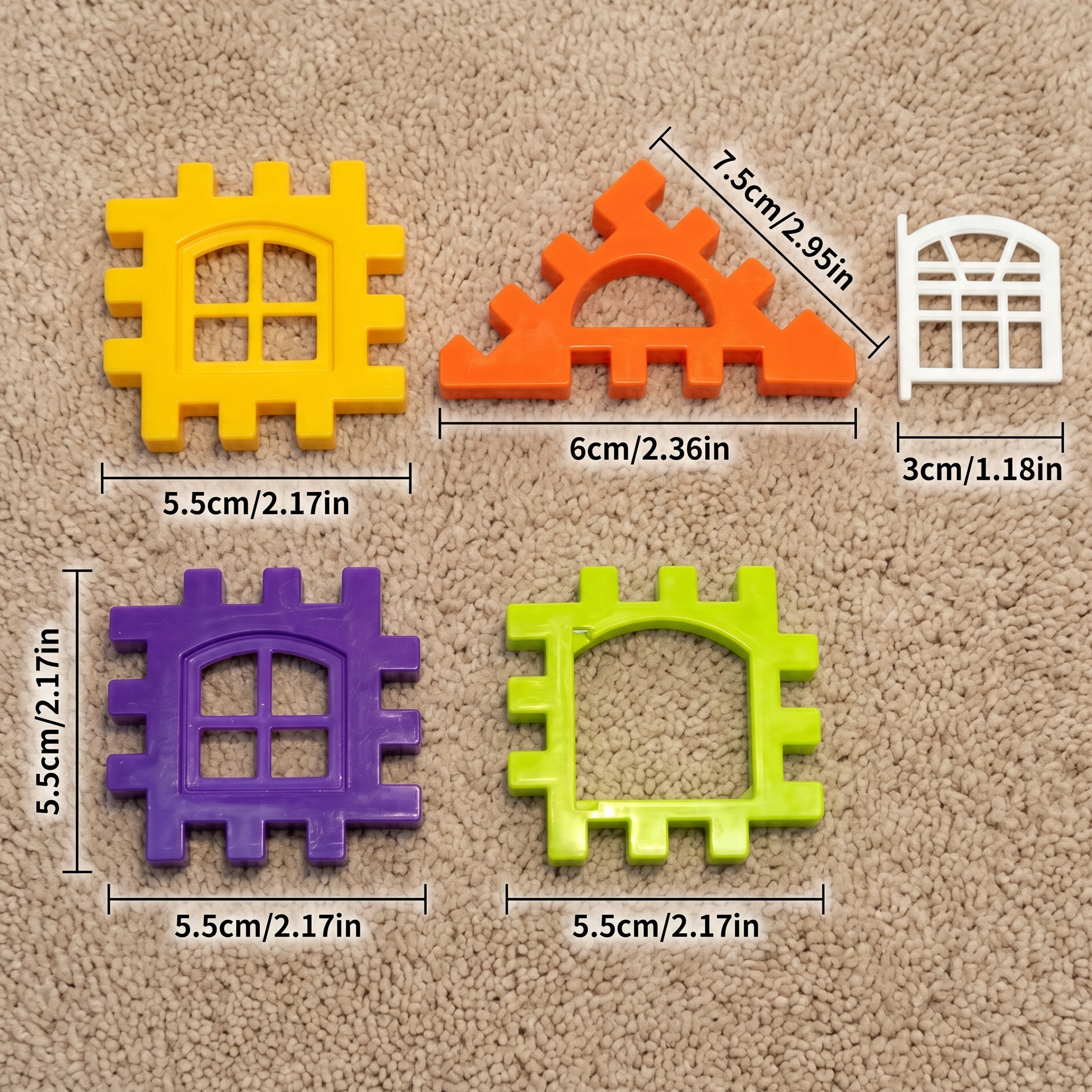 Set of colorful plastic building block pieces with measurements on a beige carpet background