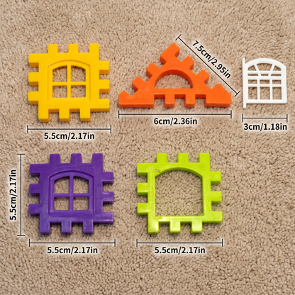 Set of colorful plastic building block pieces with measurements on a beige carpet background