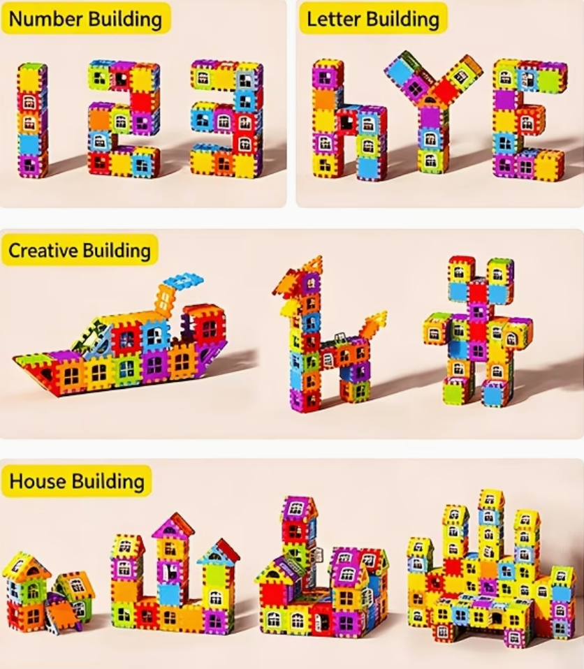 Colorful building blocks being used to form letters, a house, and other shapes on a beige background.