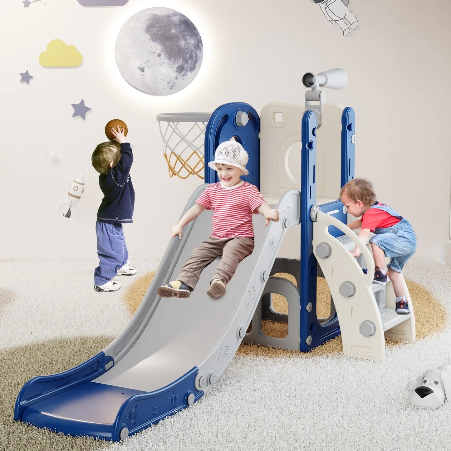 Babytronic Toddler Slide 6 in 1 Kids Indoor Slide for Toddlers 1-3 Baby Indoor and Outdoor Climber Playset Kids Slide with Basketball Hoop and Telescope Toddler Outdoor Playground (Blue&Gray)