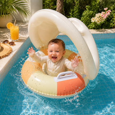 A baby wearing a white swim shirt sits in a pool using a large white canopy-style inflatable pool float with a beige and orange ring base. The scene is outdoors by a swimming pool with greenery, flowers, and a drink on the deck.