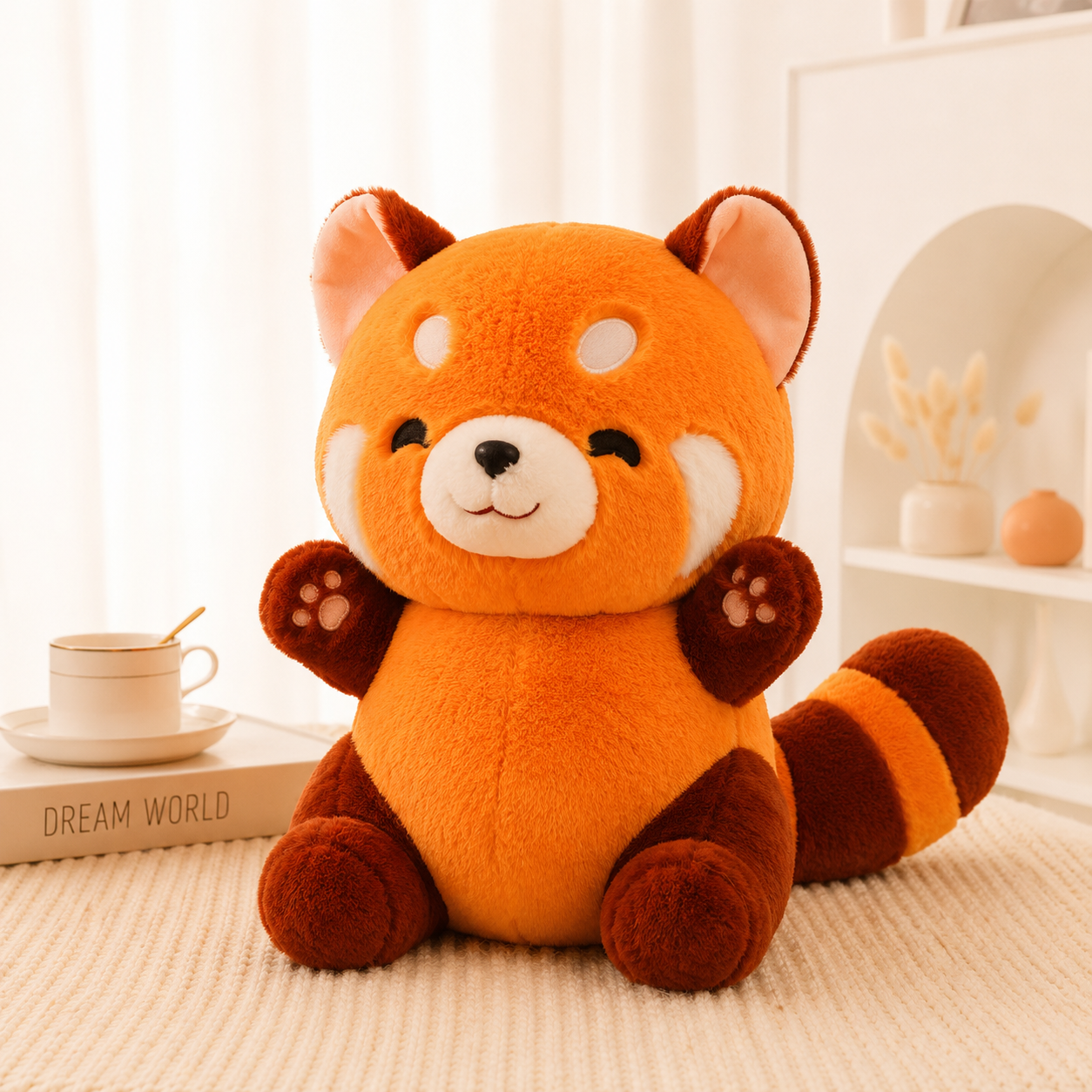 Plush toy red panda on a soft surface with a blurred background