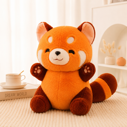 Plush toy red panda on a soft surface with a blurred background