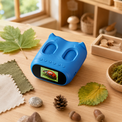 Blue educational microscope on a wooden table with nature-themed items