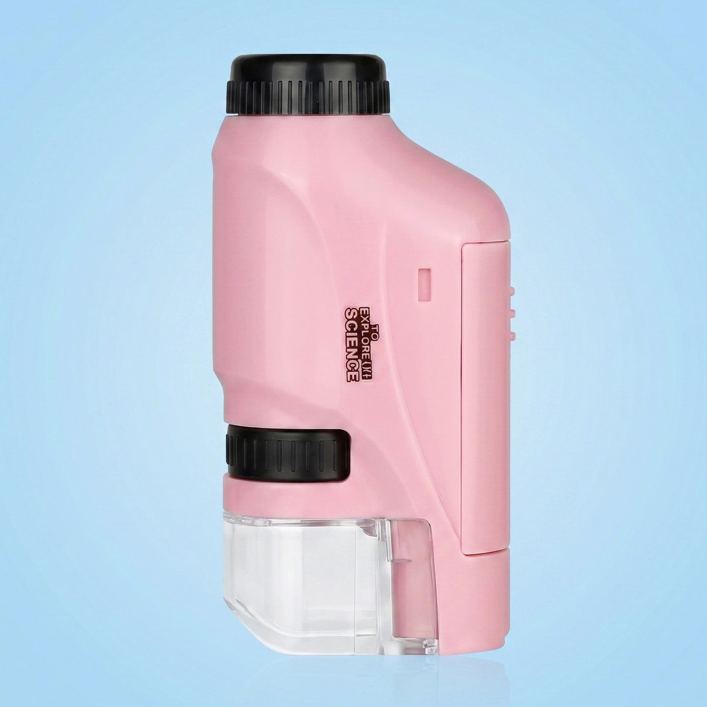 Child-sized PocketScope handheld pocket microscope fitting in adult hand showing compact portable design