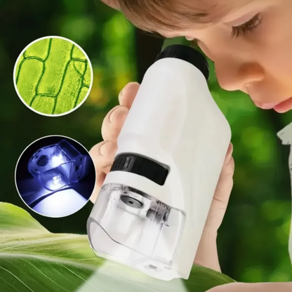 Child using a microscope with close-up images of green and blue specimens on a blurred natural background.
