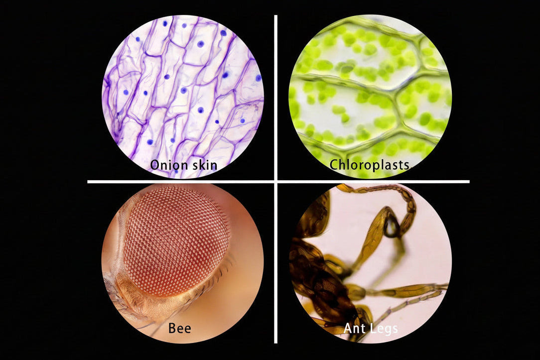 Four microscopic images of onion skin, chloroplasts, a bee, and an ant on a black background.