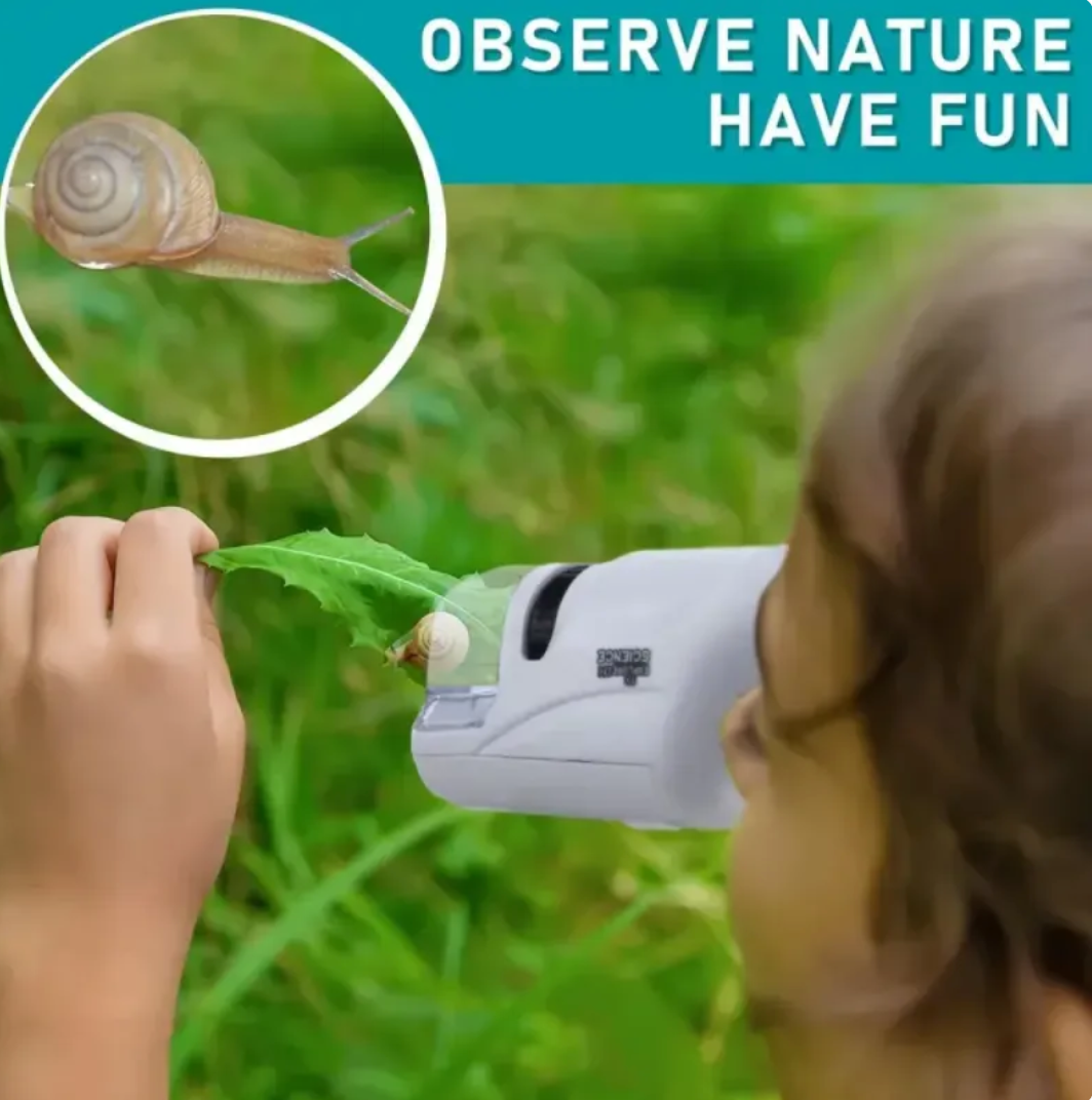 Child using a magnifying glass to observe a snail on a leaf with text 'Observe nature, have fun' in the background.