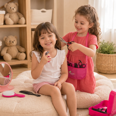 Two young girls playing with toy hairbrushes and scissors in a room
