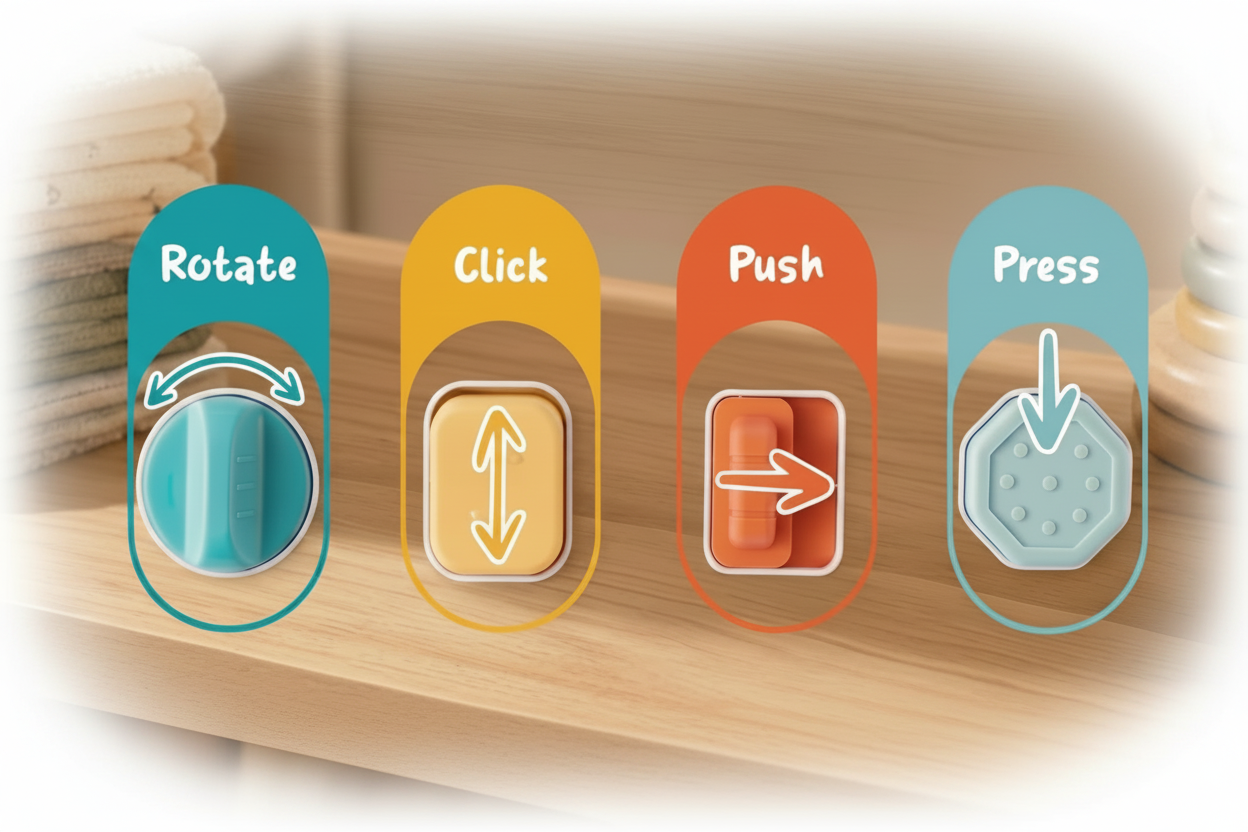 Colorful instructional labels for rotating, clicking, pushing, and pressing on a wooden surface.