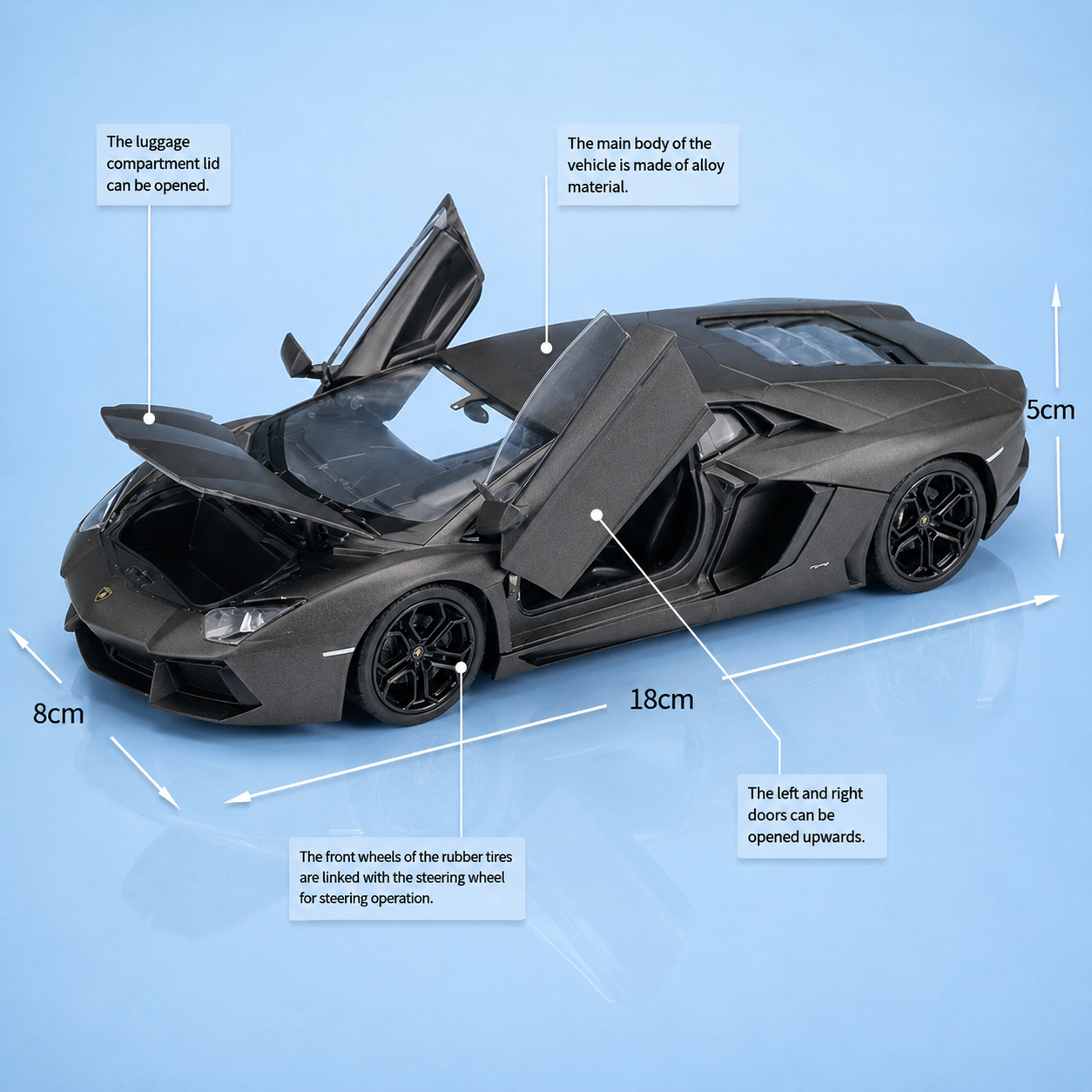 Model lamborgini aventador car with labeled features and dimensions on a blue background