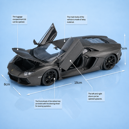 Model lamborgini aventador car with labeled features and dimensions on a blue background