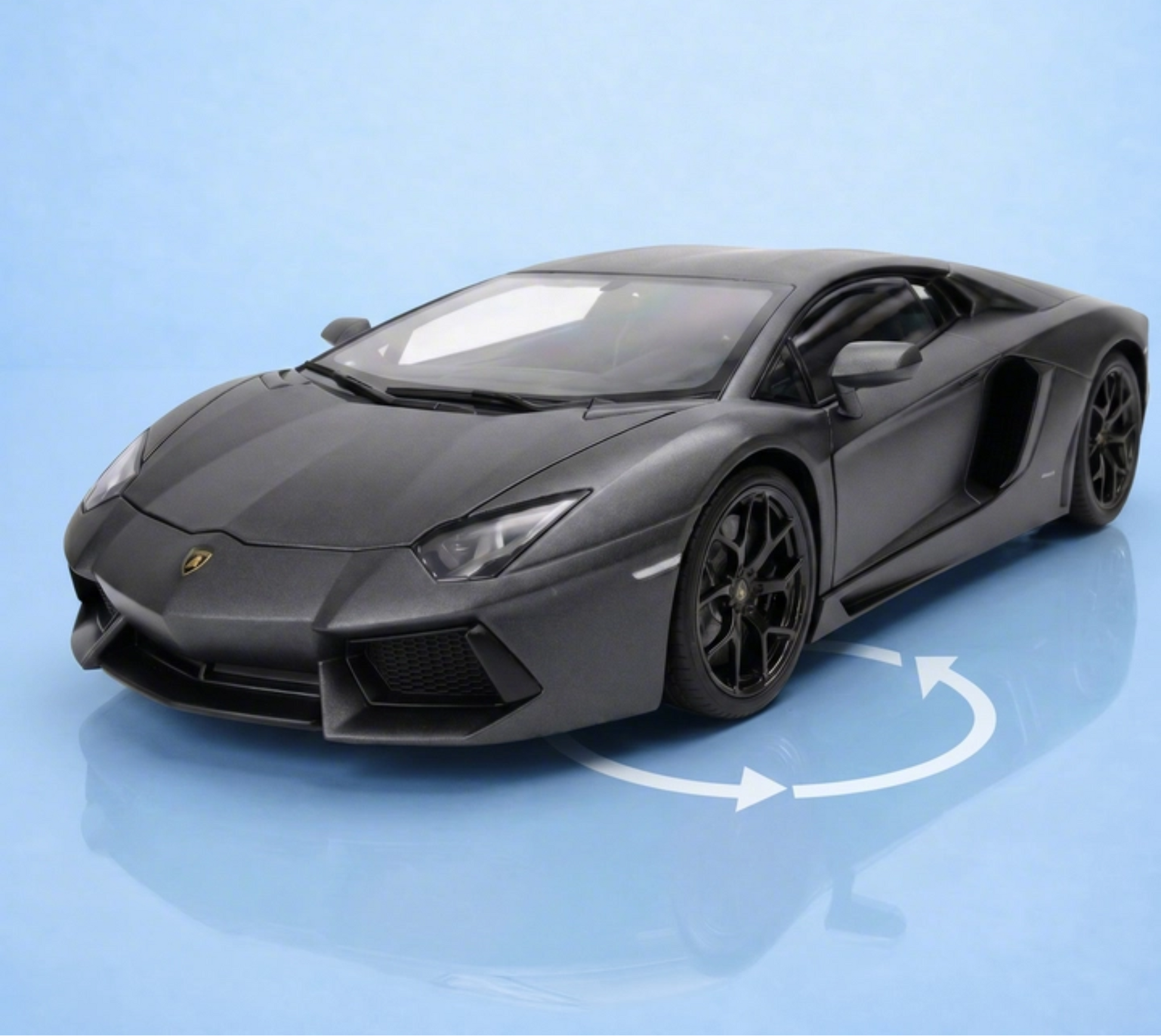 Black sports car on a blue background with a circular arrow indicating rotation.