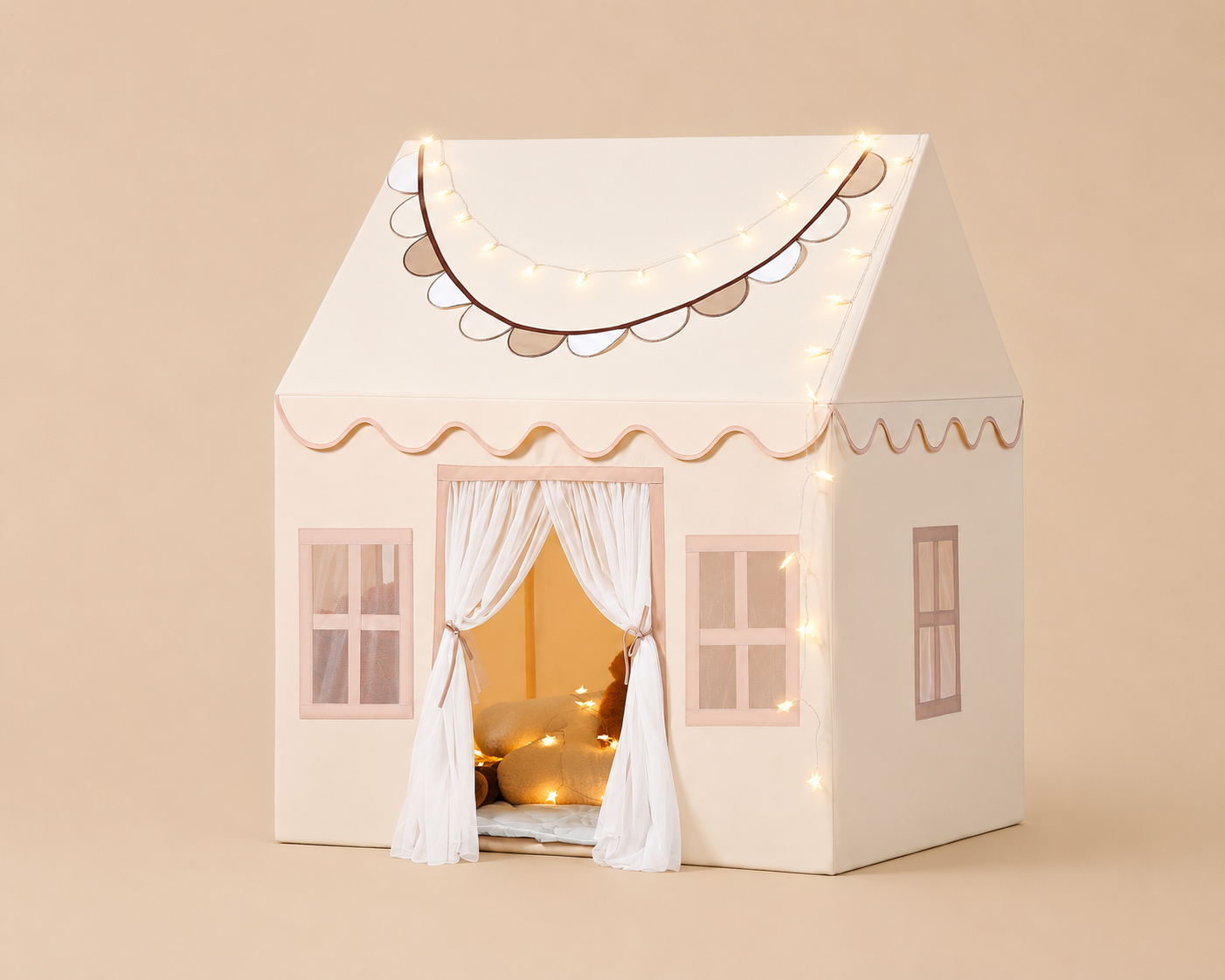 BUBINNA DreamHouse large cream kids indoor playhouse tent with star fairy lights scalloped roof and curtained doorway