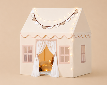 BUBINNA DreamHouse large cream kids indoor playhouse tent with star fairy lights scalloped roof and curtained doorway