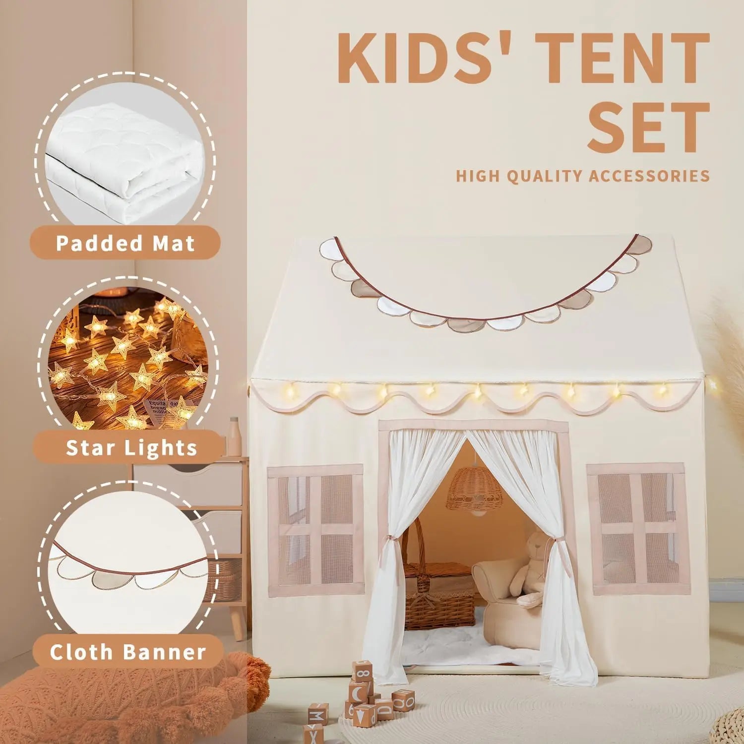 DreamHouse kids tent complete set showing scalloped roof panels mesh windows star fairy lights and assembly components
